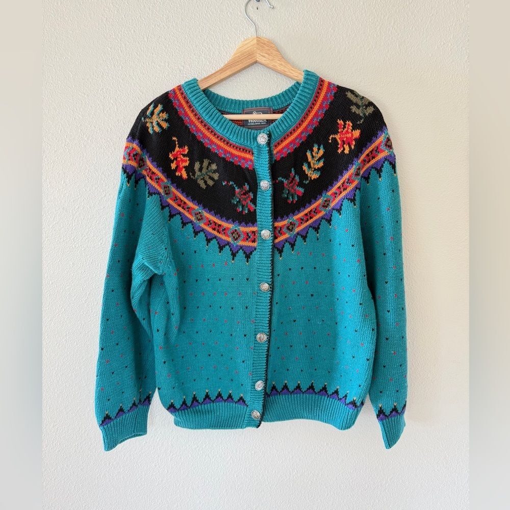 Woolrich 80s 90s Vintage Teal Patterned Knit Wool Blend Cardigan Sweater Size L